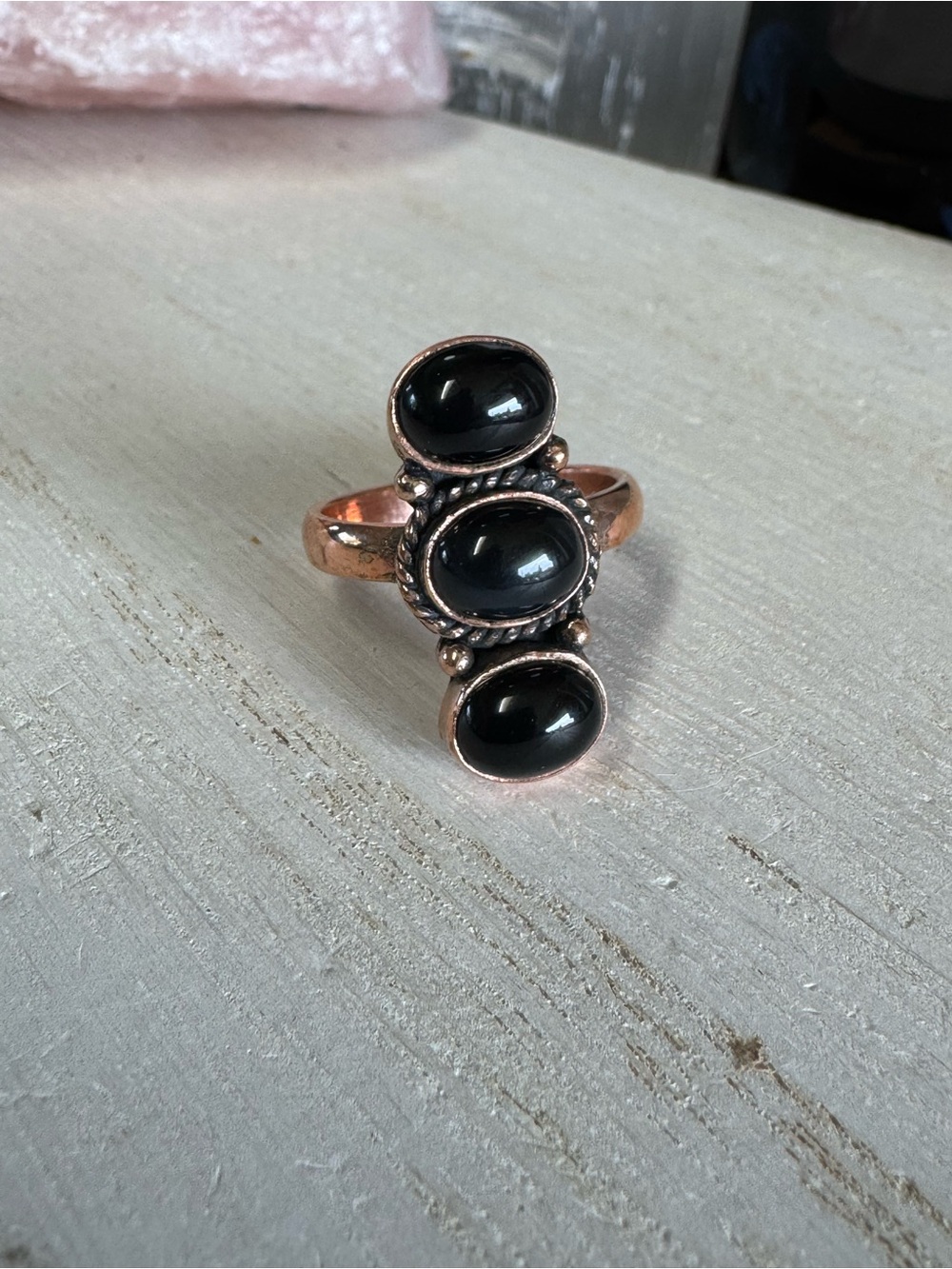 Black Onyx Trio Copper Statement Ring - Southwestern - Size 10
